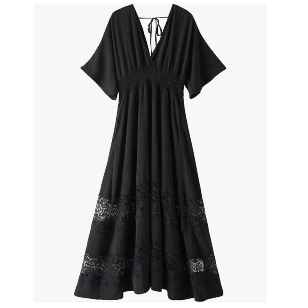 Olaesa black lace maxi dress deep V short sleeves XXL boho gothic romantic